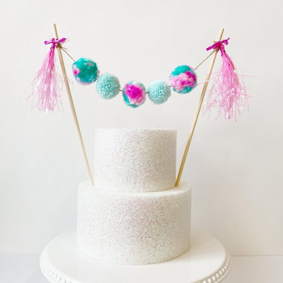 Pink Turquoise Pom Pom Cake topper, Birthday Cake Topper for Girls, Tassel Decor - Picture 1 of 4